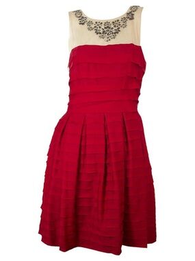 BCBGMaxAzria Red and Cream Beaded Yoke Tiered Midi Dress